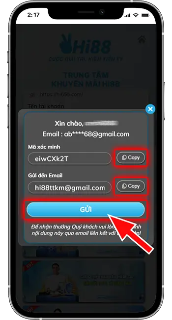 Bước 3: Sao chép MÃ XÁC MINH và EMAIL của hệ thống nhấn "GỬI".